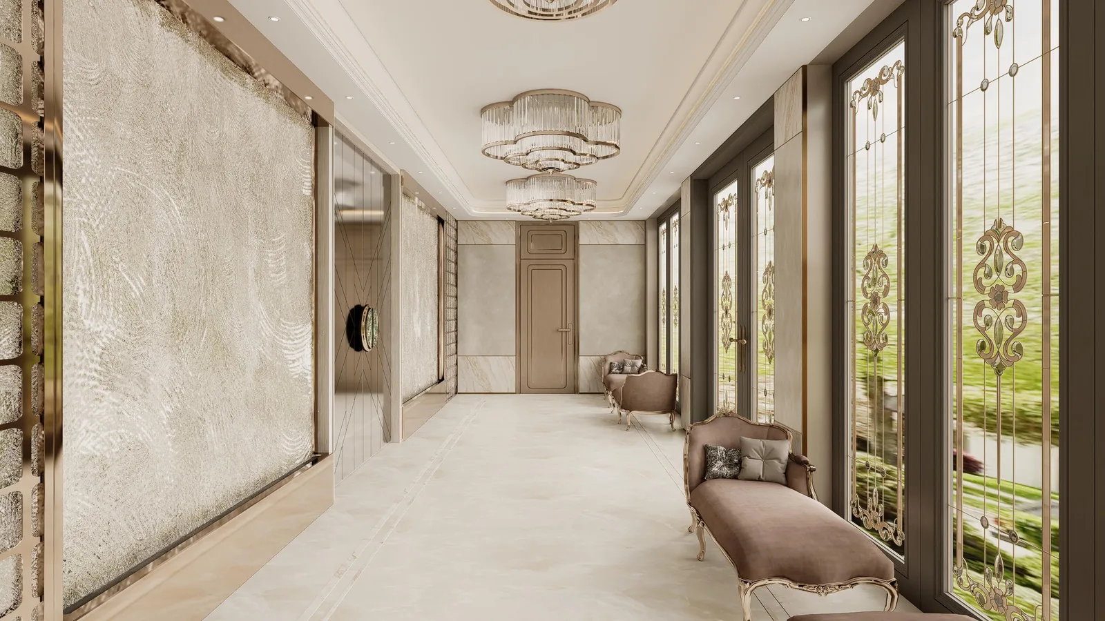 Villa entry corridor with a coffered ceiling, a crystal chandelier, a marble floor and glass doors to a garden