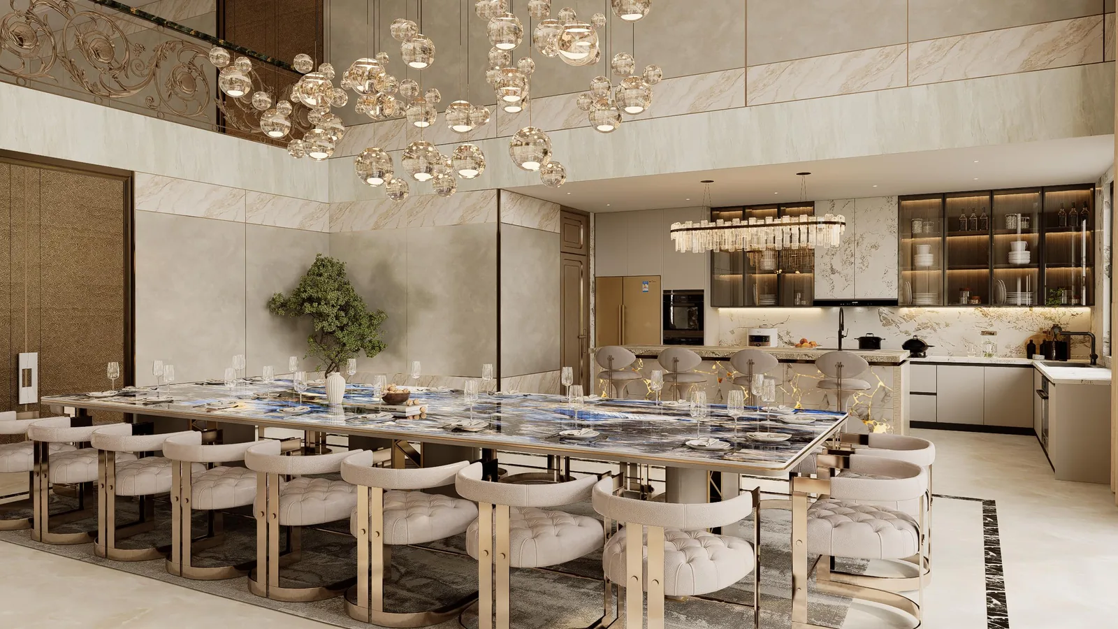 Long kitchen island with six stools, suspended globe pendants and glass-backed tall units with internal lighting
