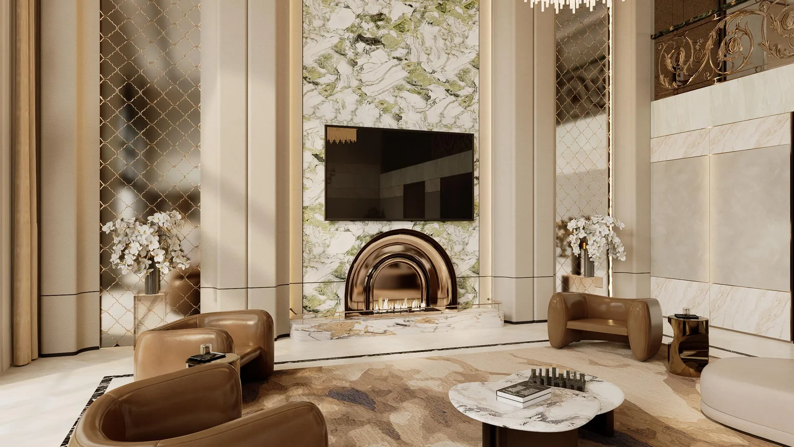 Living room with a full-height media wall, a linear fireplace and low sofas on a marble floor