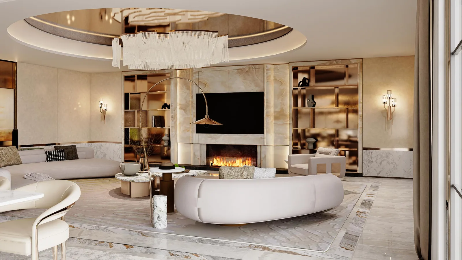 Formal lounge with a curved white sofa, a panelled feature wall and a large wall-mounted display