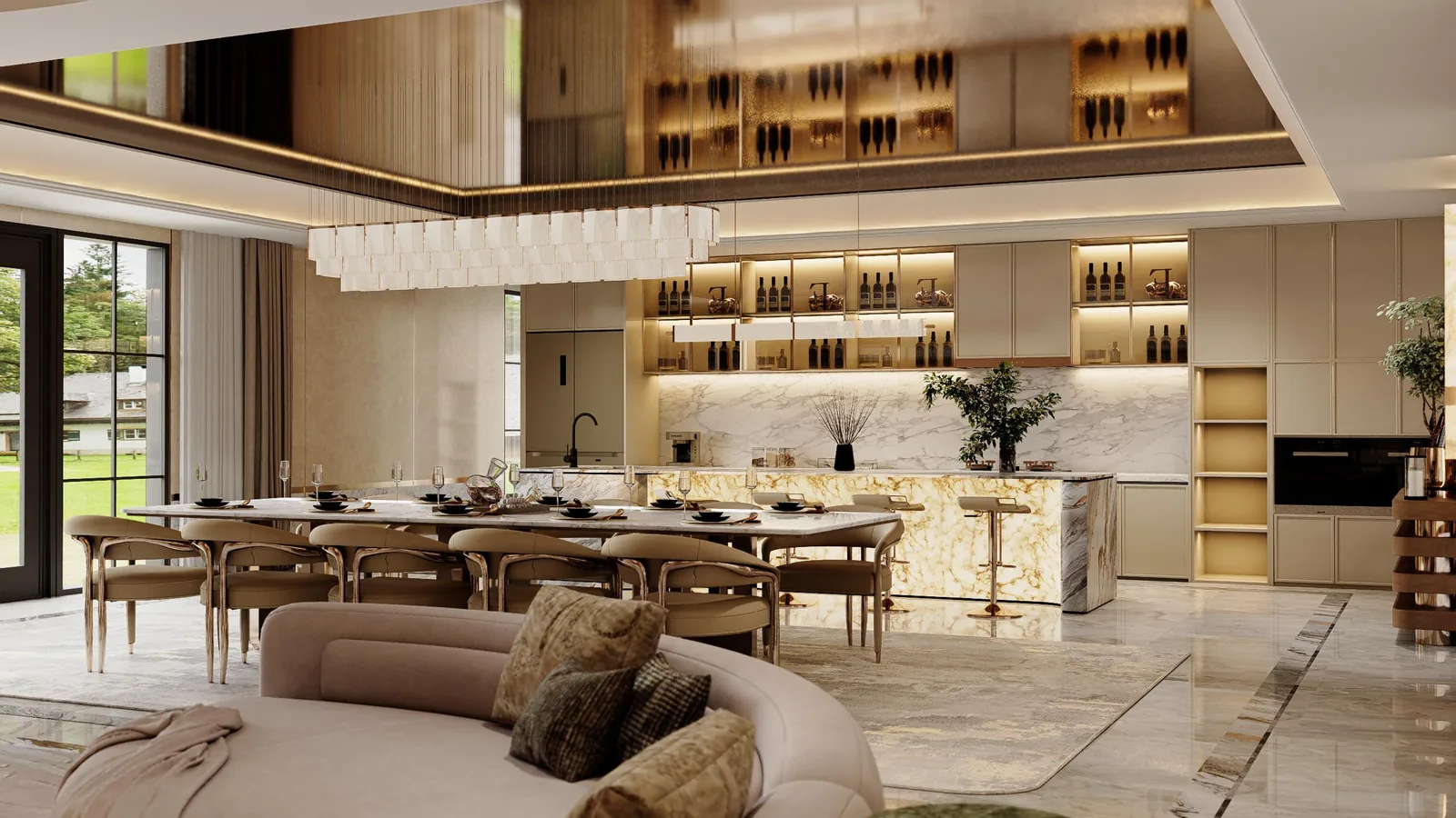 Open-plan kitchen, dining and living volume with a long island, timber shelving and full-height glazing to a garden