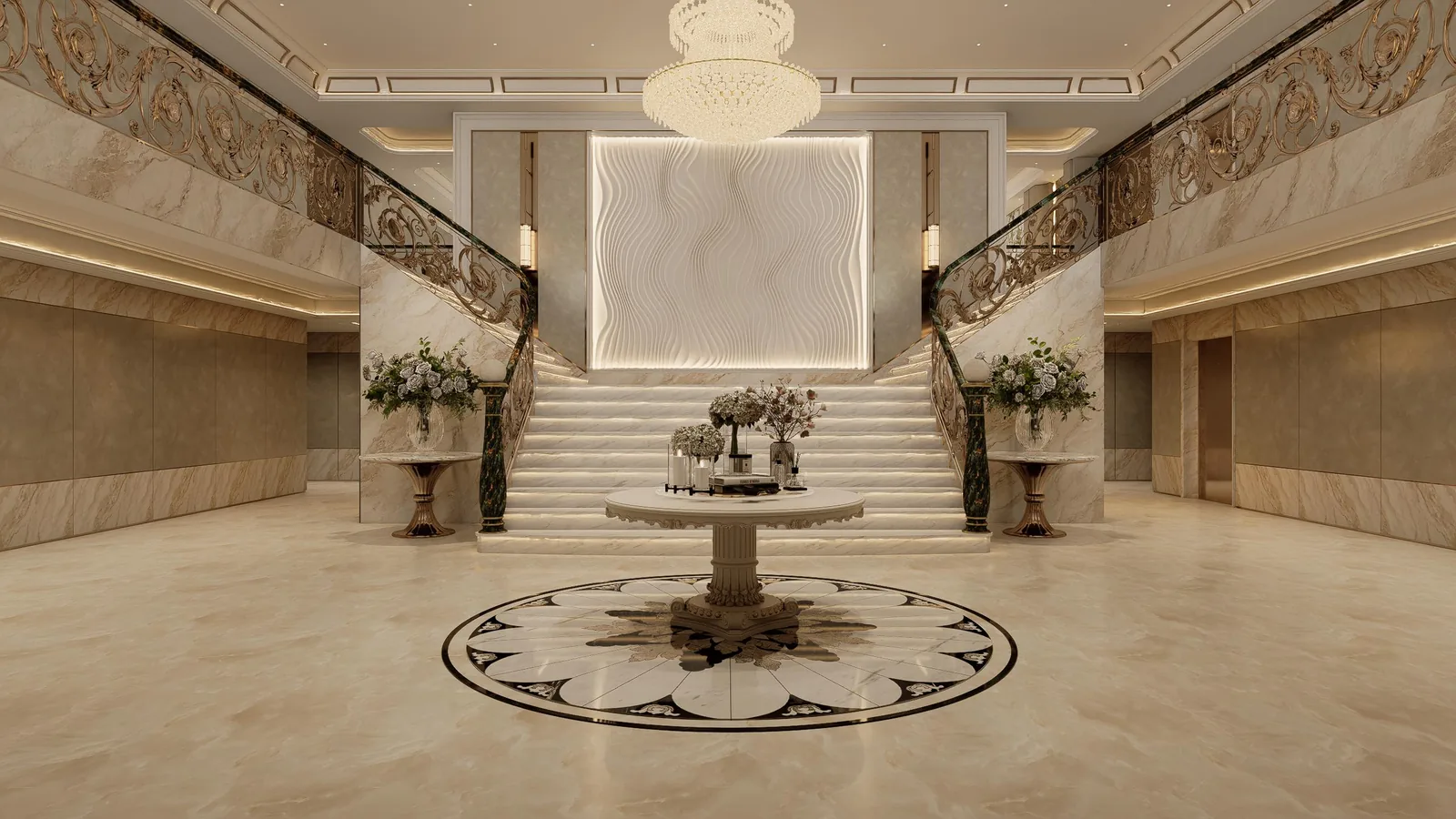 Grand staircase with a curved balustrade, marble floor medallion inlay and a crystal chandelier in a marble hall