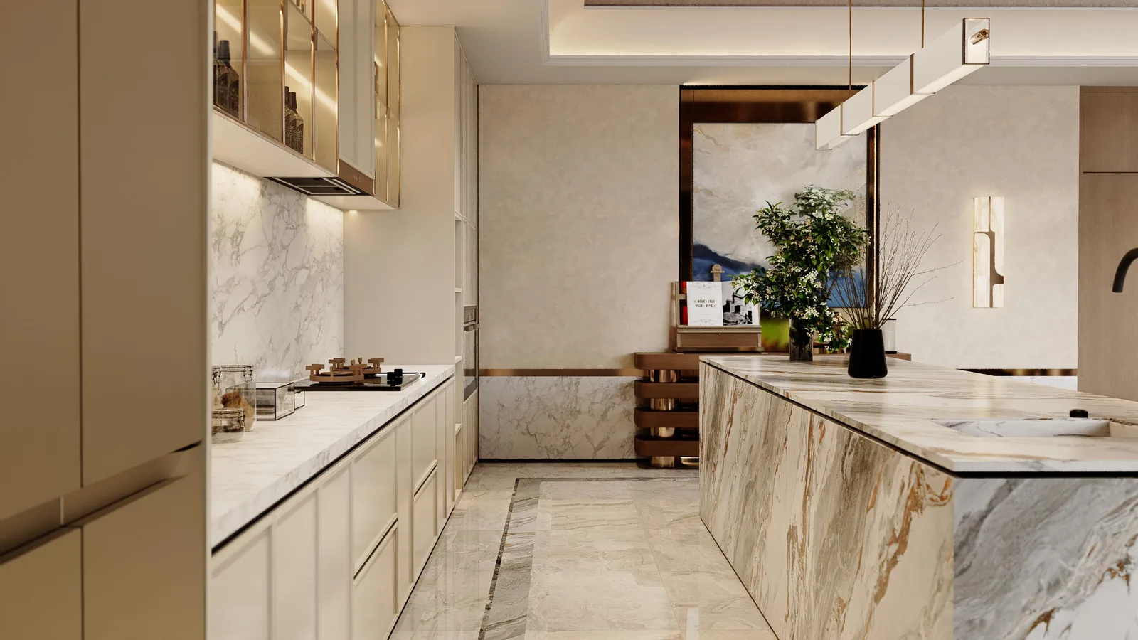 Wet kitchen with a marble island, full-height cabinetry, a window over the sink and a stone backsplash