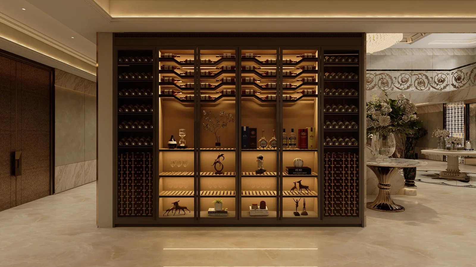 Floor-to-ceiling wine display with backlit metal bottle cradles, timber frame and glass doors