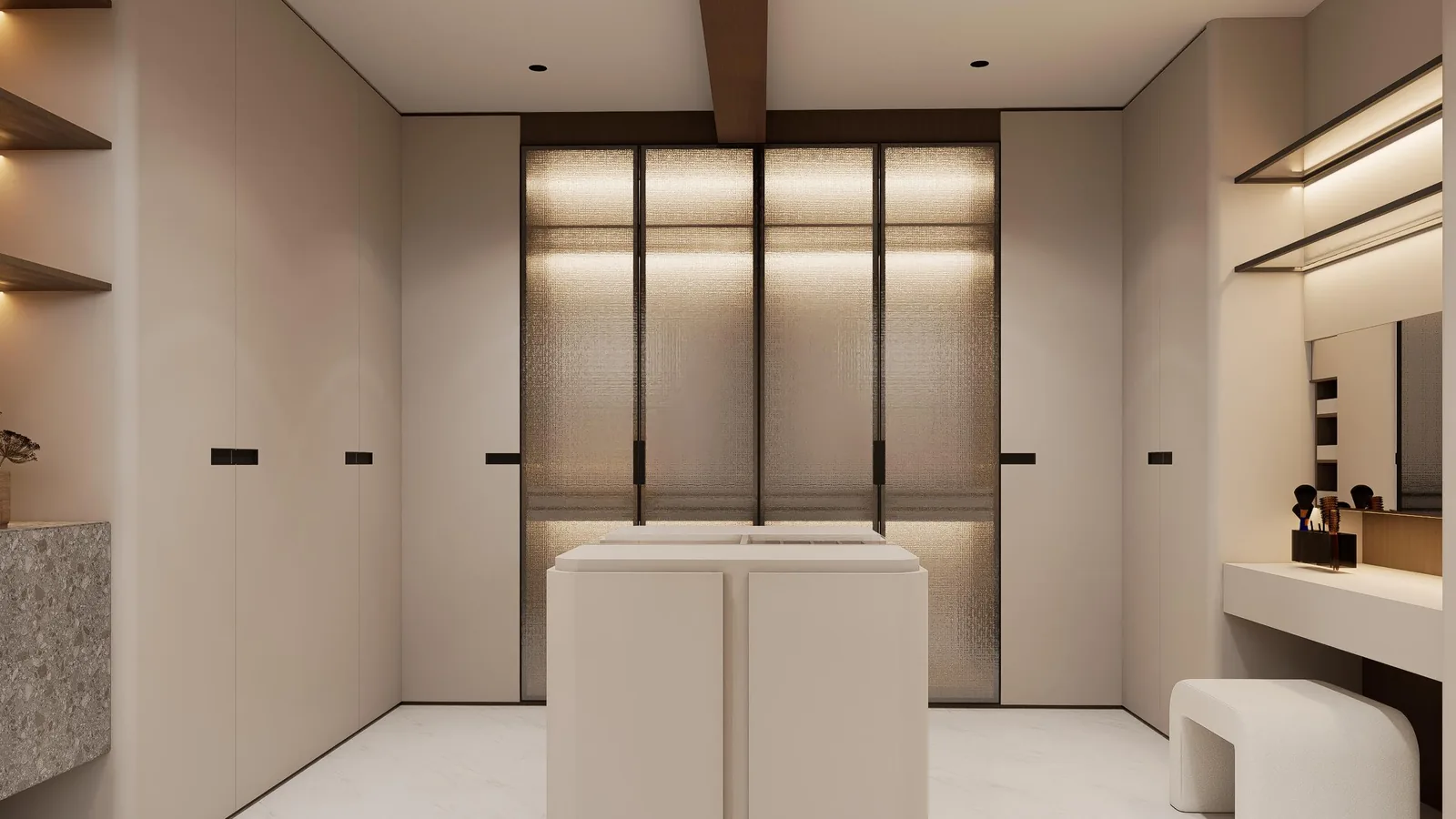 Dressing room with a dressing table and mirror, a sink counter, tall timber wardrobe doors and warm lighting