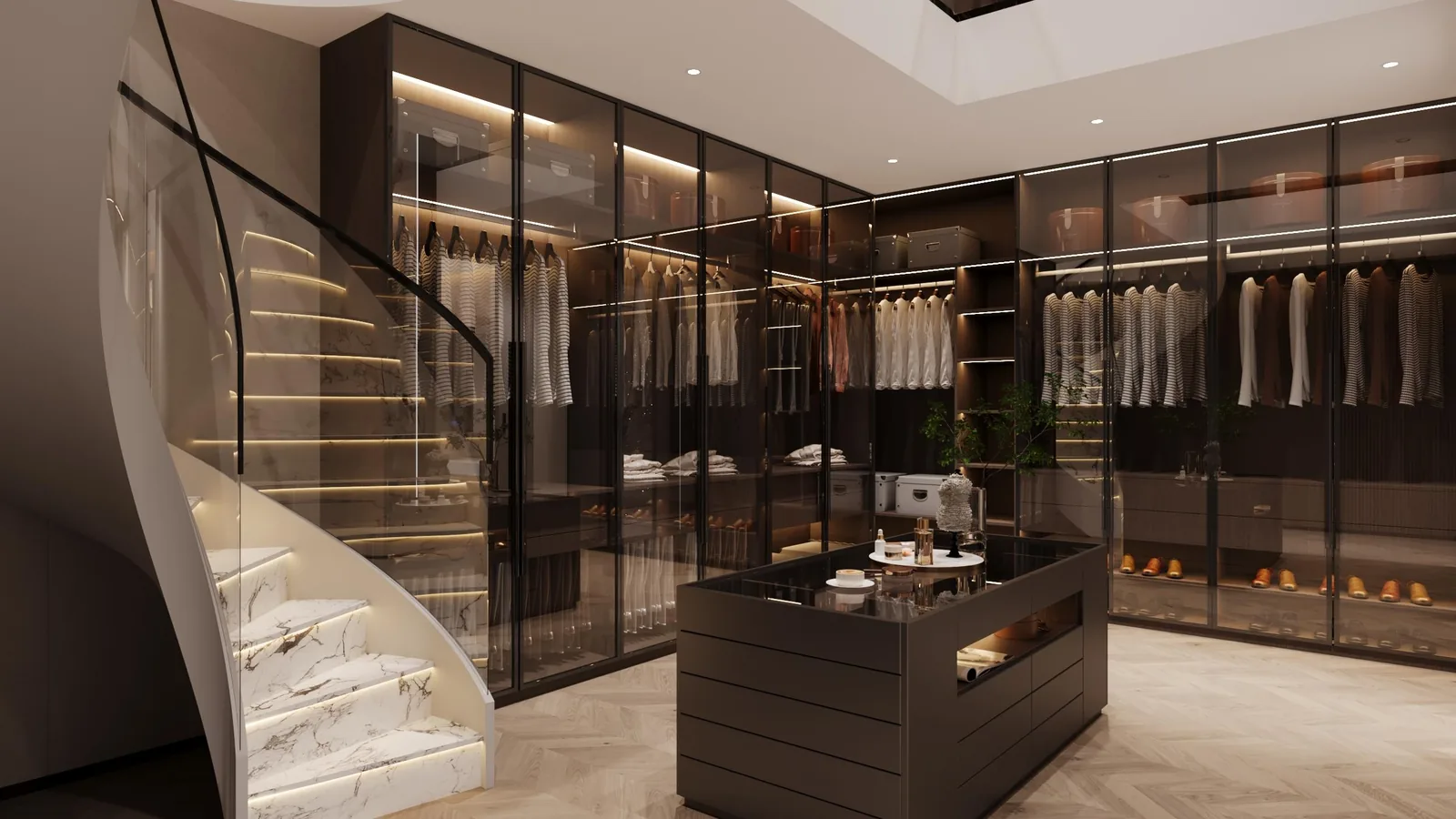 Two-level master closet with a glass and timber wardrobe wall and a staircase passing through the space
