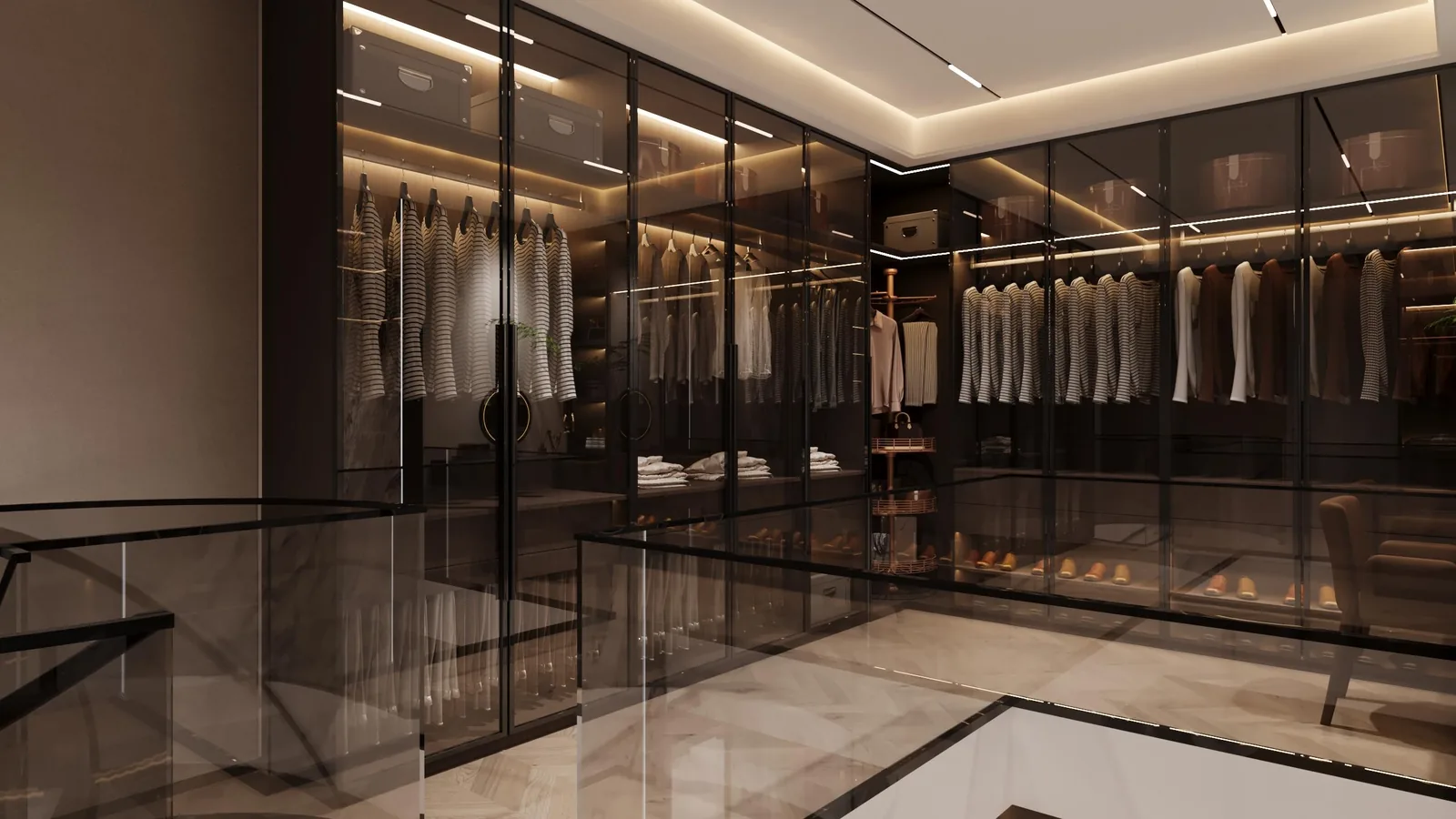 Large master closet with glass-fronted wardrobes on three sides, a marble floor and a centre island