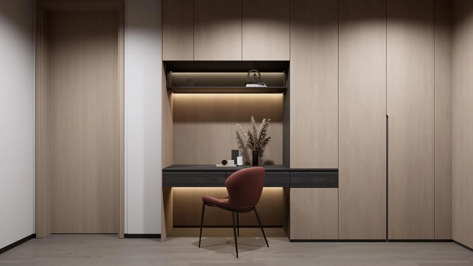 Dressing area with a recessed niche containing a dark desk shelf, a chair and timber panels around it