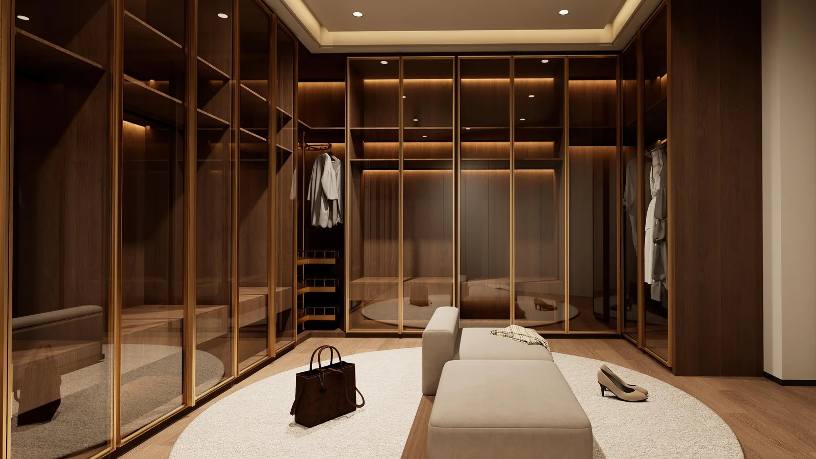 Walk-in closet in amber timber with open hanging, a bench with handbags and backlit shelving