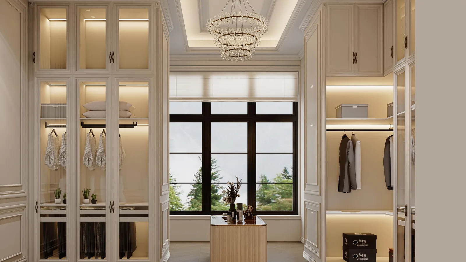 Walk-in closet with a window, a bench seat below it and glass-fronted tall units either side