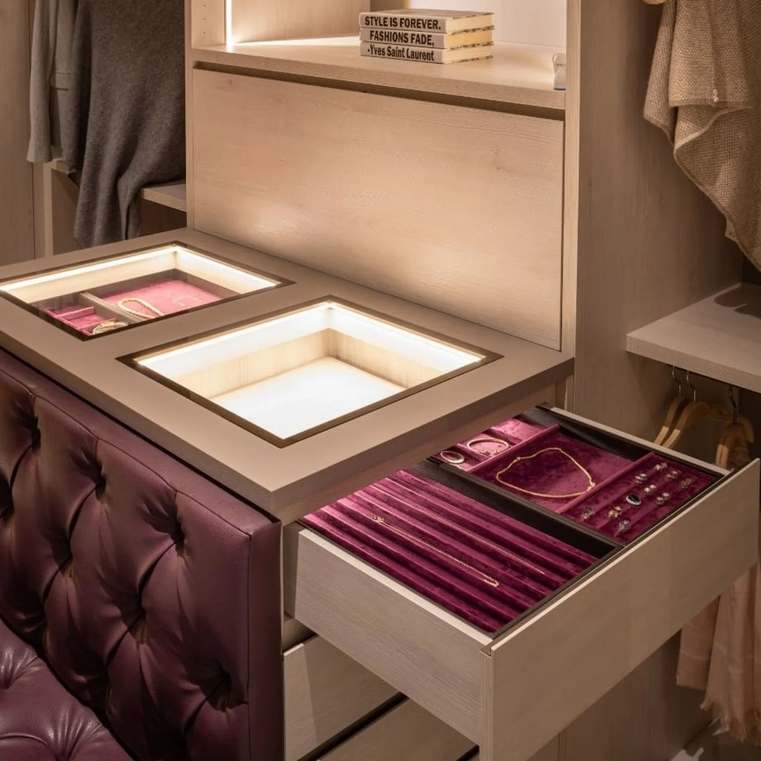 Handcrafted velvet-lined jewelry drawer trays in pink and cream