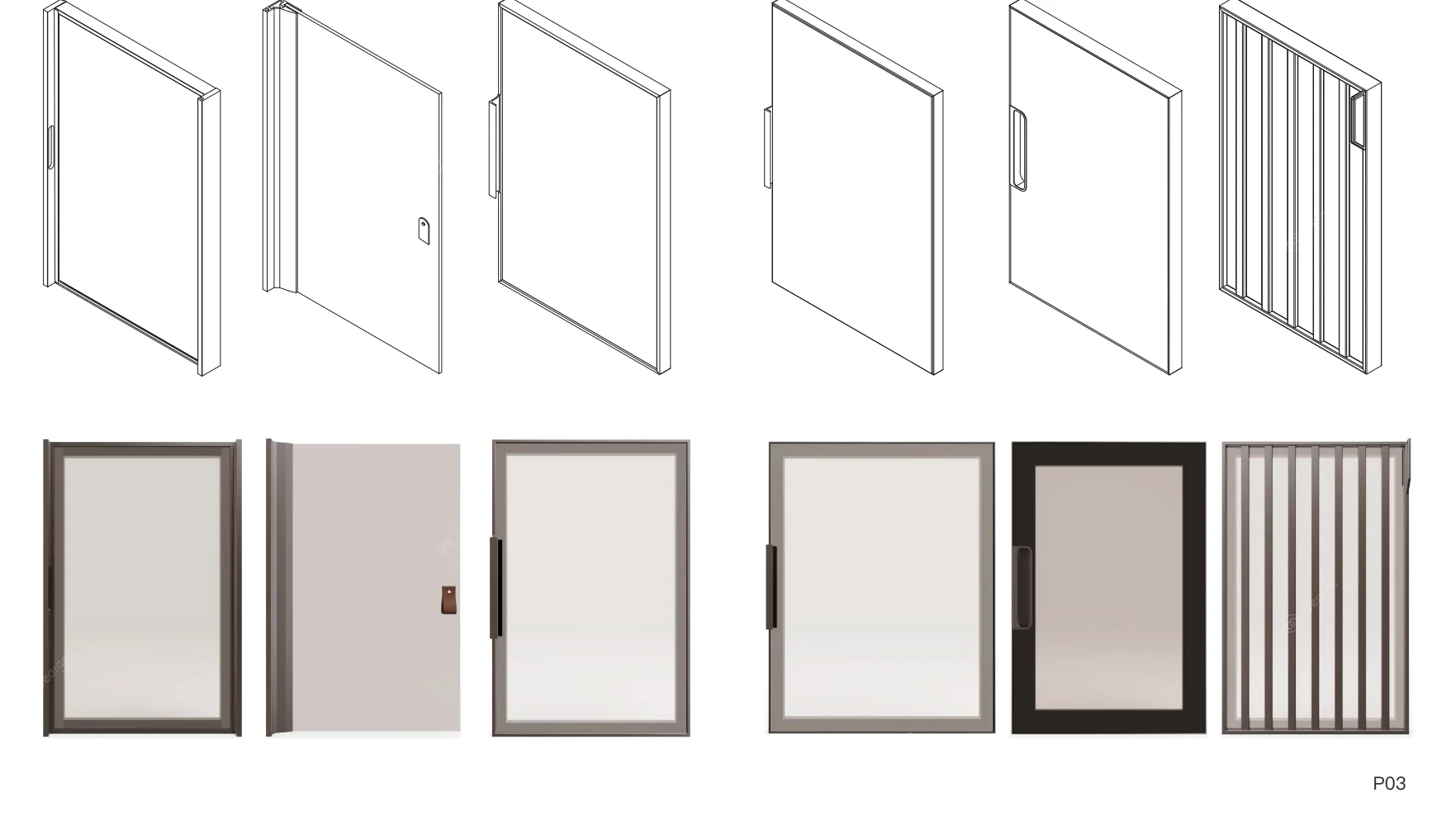Six aluminium-frame cabinet door lines, line drawings and renders