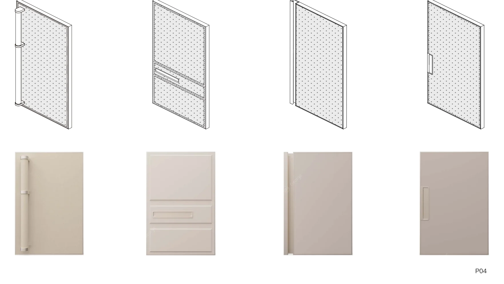 Four leather-look and grain cabinet door lines, line drawings and renders