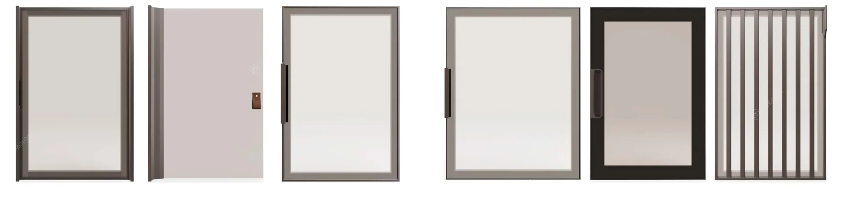 Six production cabinet door samples in a row: shaker, slab, glass-frame and fluted fronts in different finishes