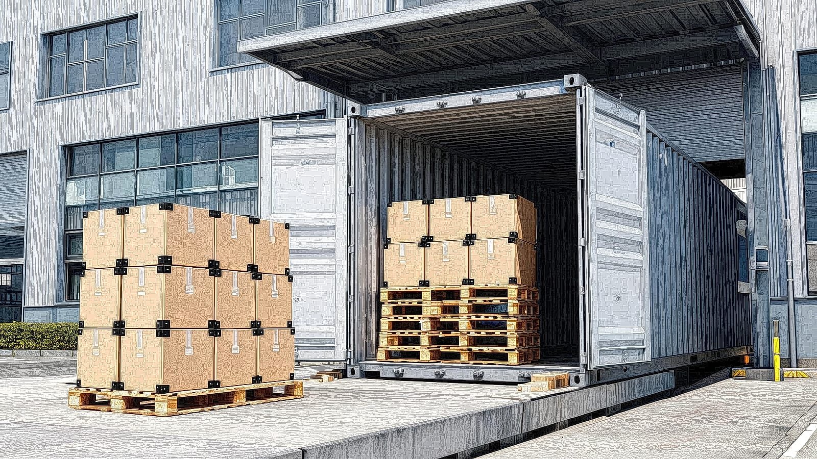 Crated cabinet modules loaded into the export container at the factory