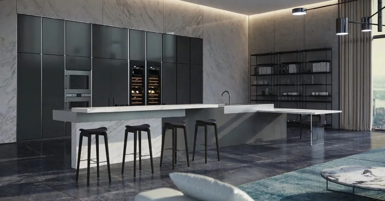 Dark slab kitchen with an island and living room