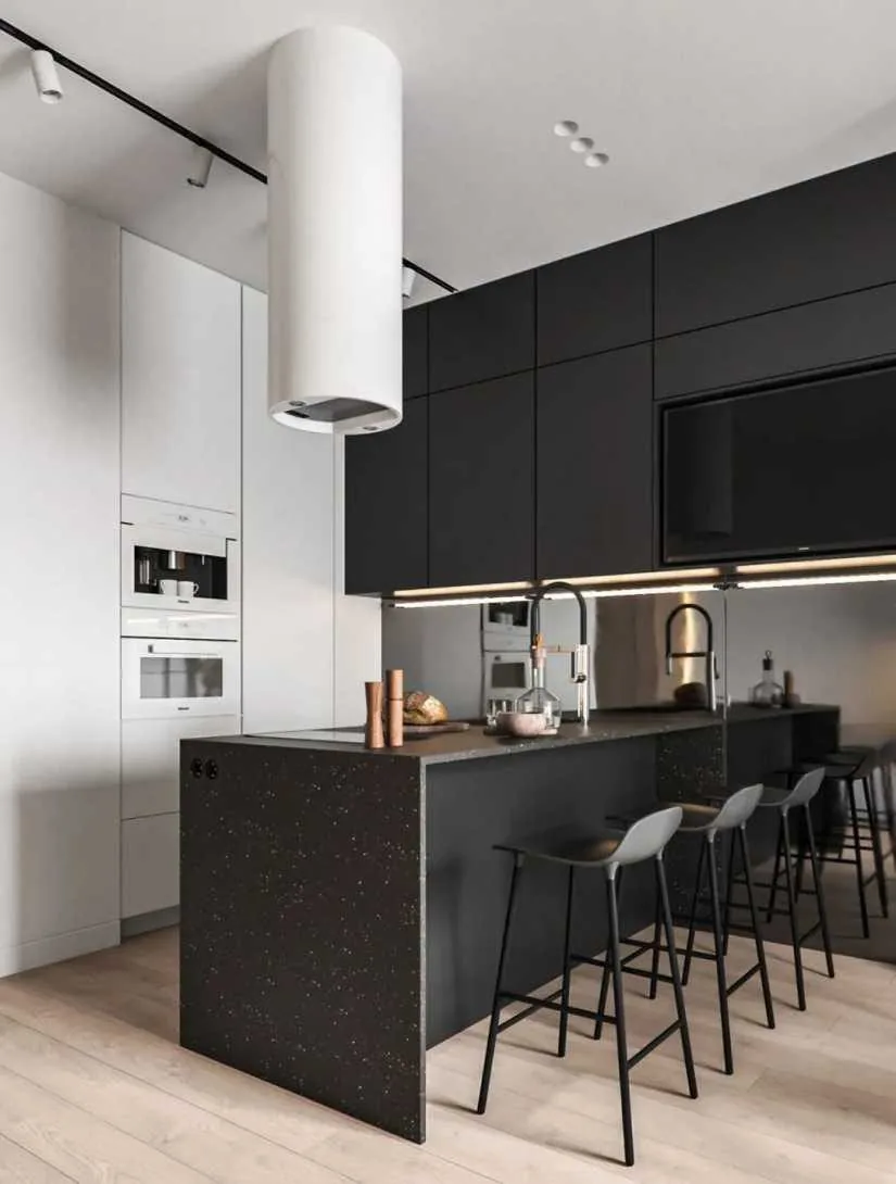 Two-tone dark kitchen with island and tall run
