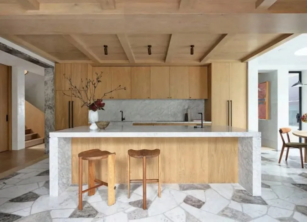 White kitchen with island and stools