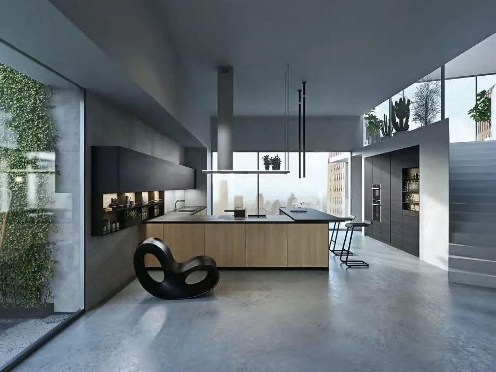 Bright kitchen with island and tall units