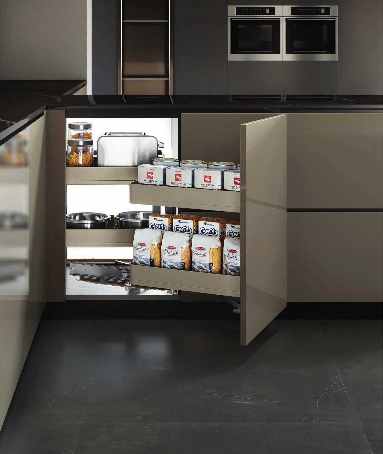 Two-tier corner pull-out tray on a dark counter
