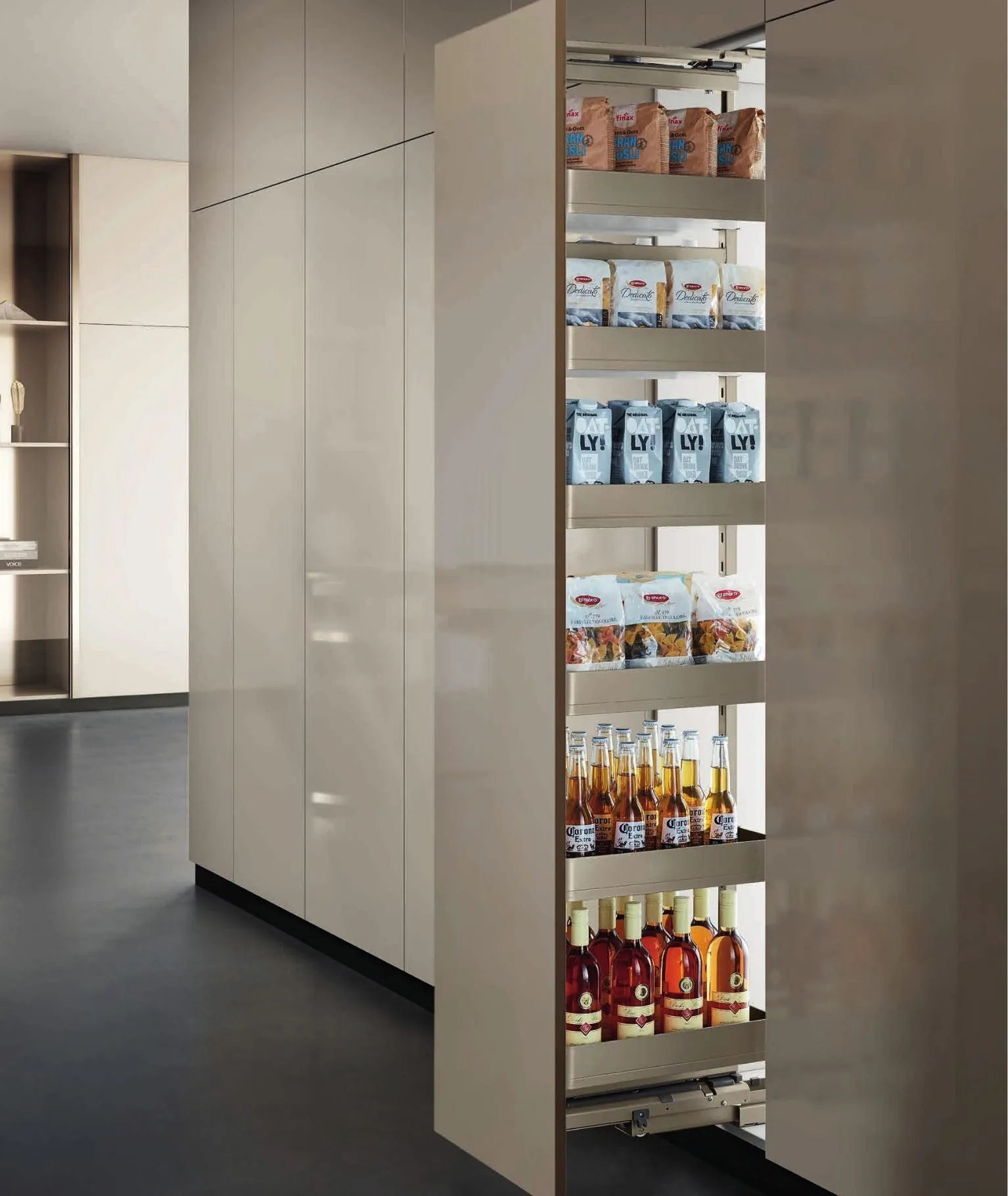 Shelf pull-out in a bright kitchen