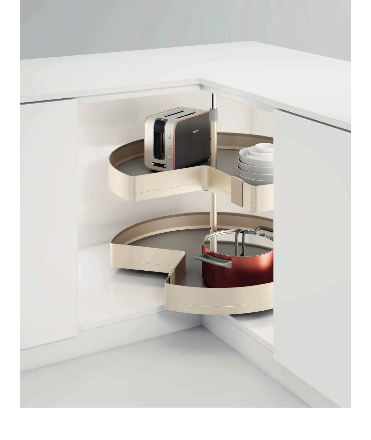 Tall corner unit with open shelves, the same finish as the run
