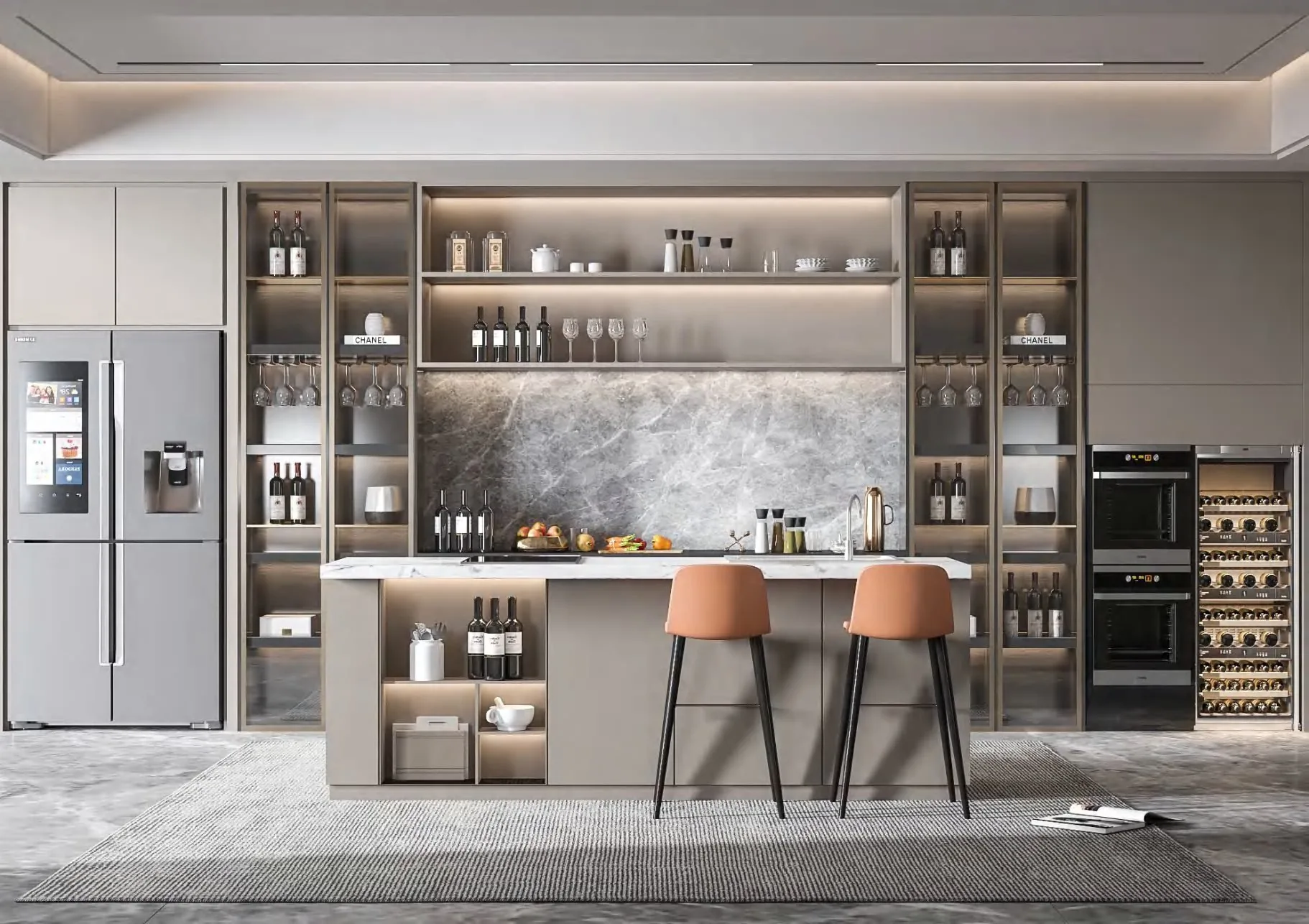 Bar-front line display with tall wing