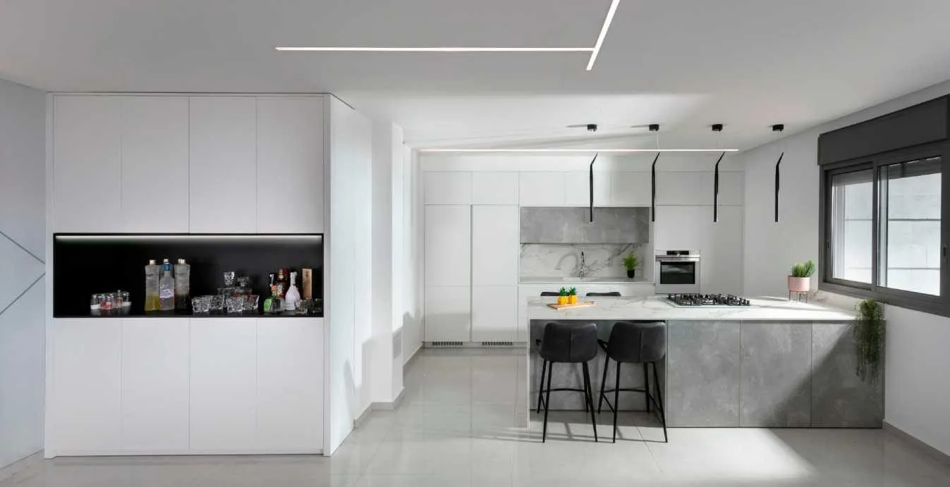 White slab cabinetry in a bright open room