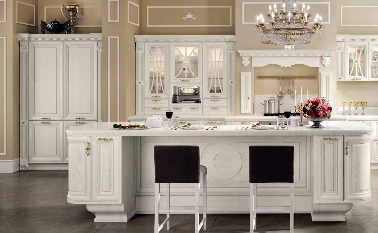 White lacquered kitchen island in a classical layout