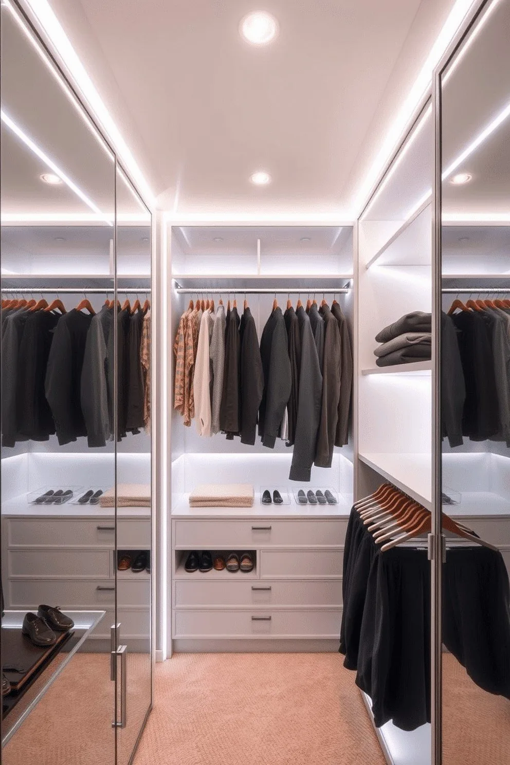Bright walk-in closet with LED lighting, glass doors and full interior fittings