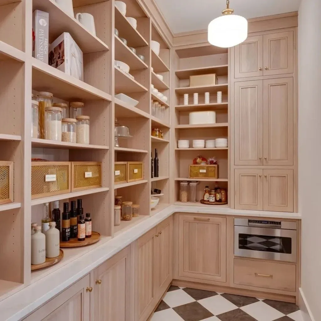 Butler's pantry wall with open shelves, glass doors and bottle storage