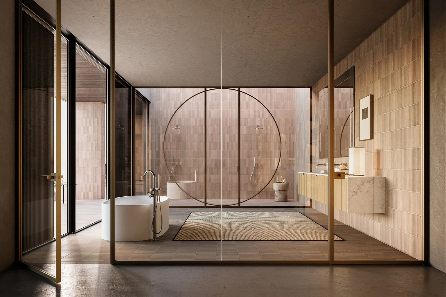 Floating stone-top vanity with a round backlit mirror in an ensuite