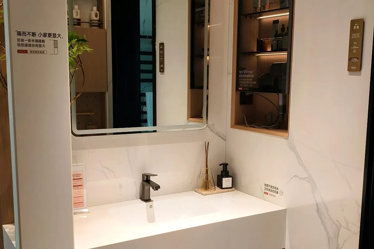 Floating bathroom vanity in white oak with stone top