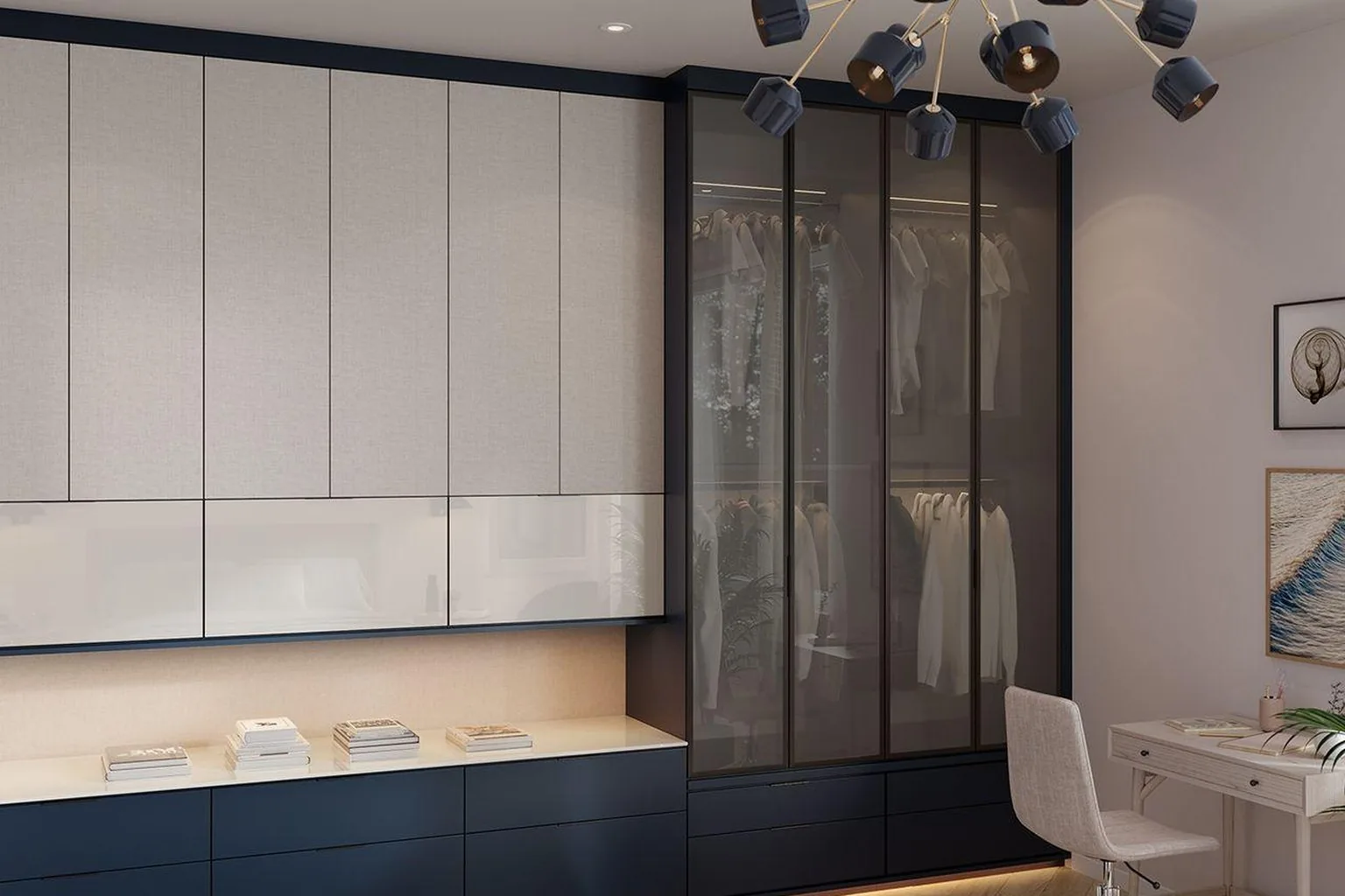 Sliding door wardrobe wall in a narrow bedroom