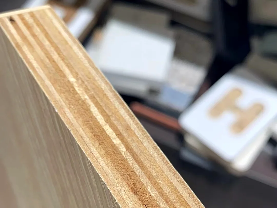 Birch plywood edge showing the layered cross-section of a cabinet carcase.