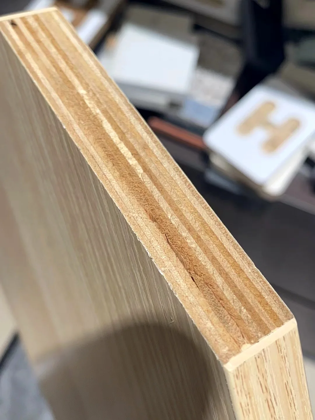 Edge-banded plywood panel showing the ply stack through the cut edge