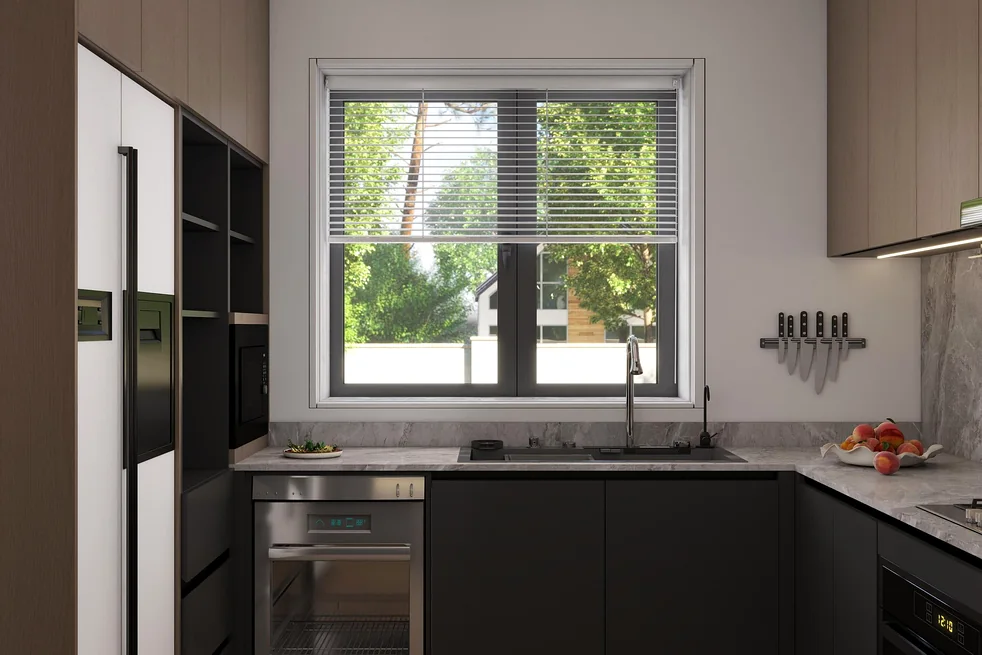 Two-tone kitchen with charcoal base units, pale fronts and warm wood tall cabinets - design rendering