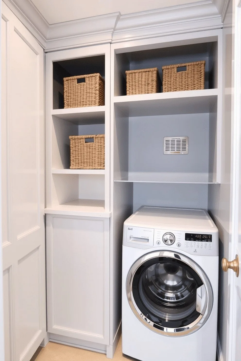 White laundry nook with open shelving and stacked washer