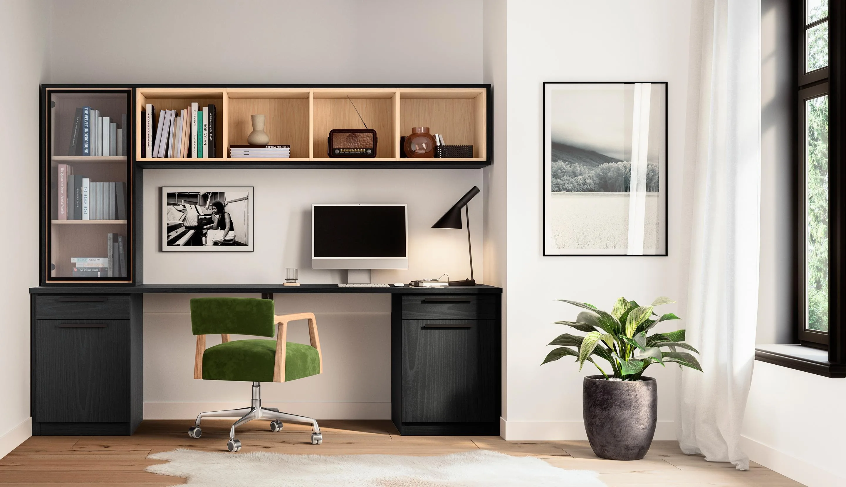 Home office with built-in shelving, desk and matching cabinet lines