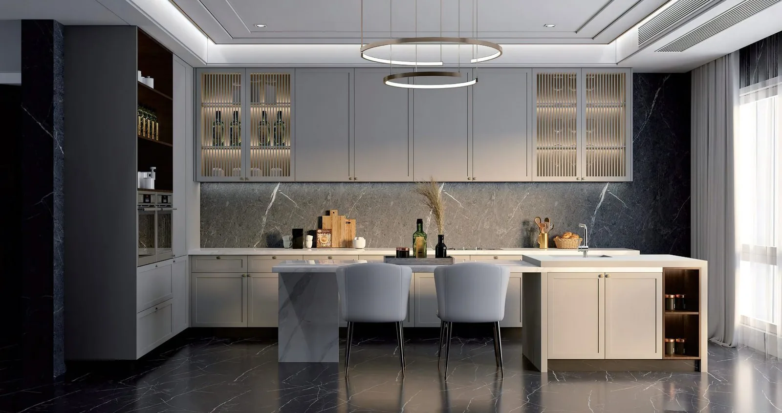Bright island in a dark steel room