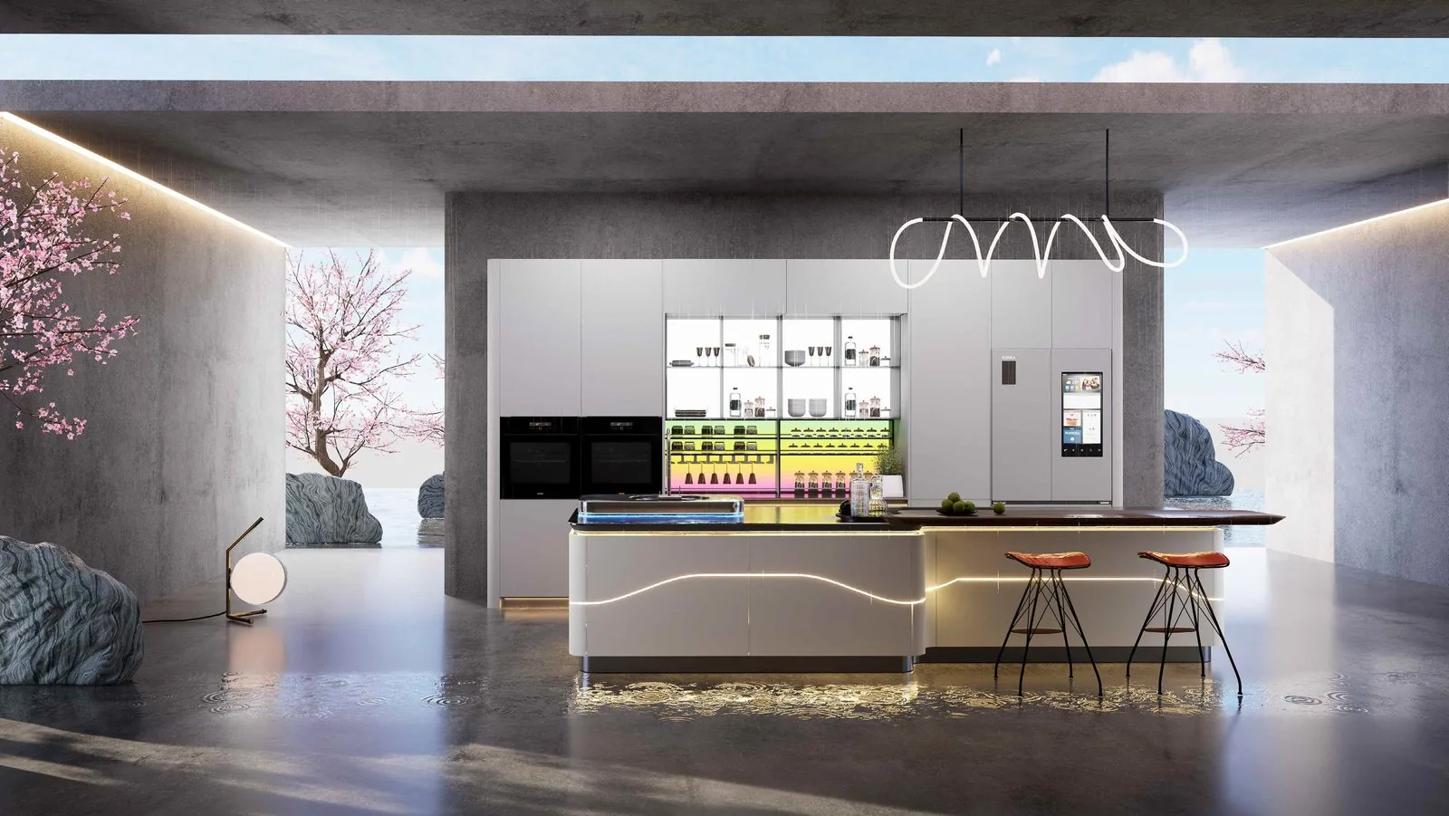 Dark slab kitchen with bar and stone counter