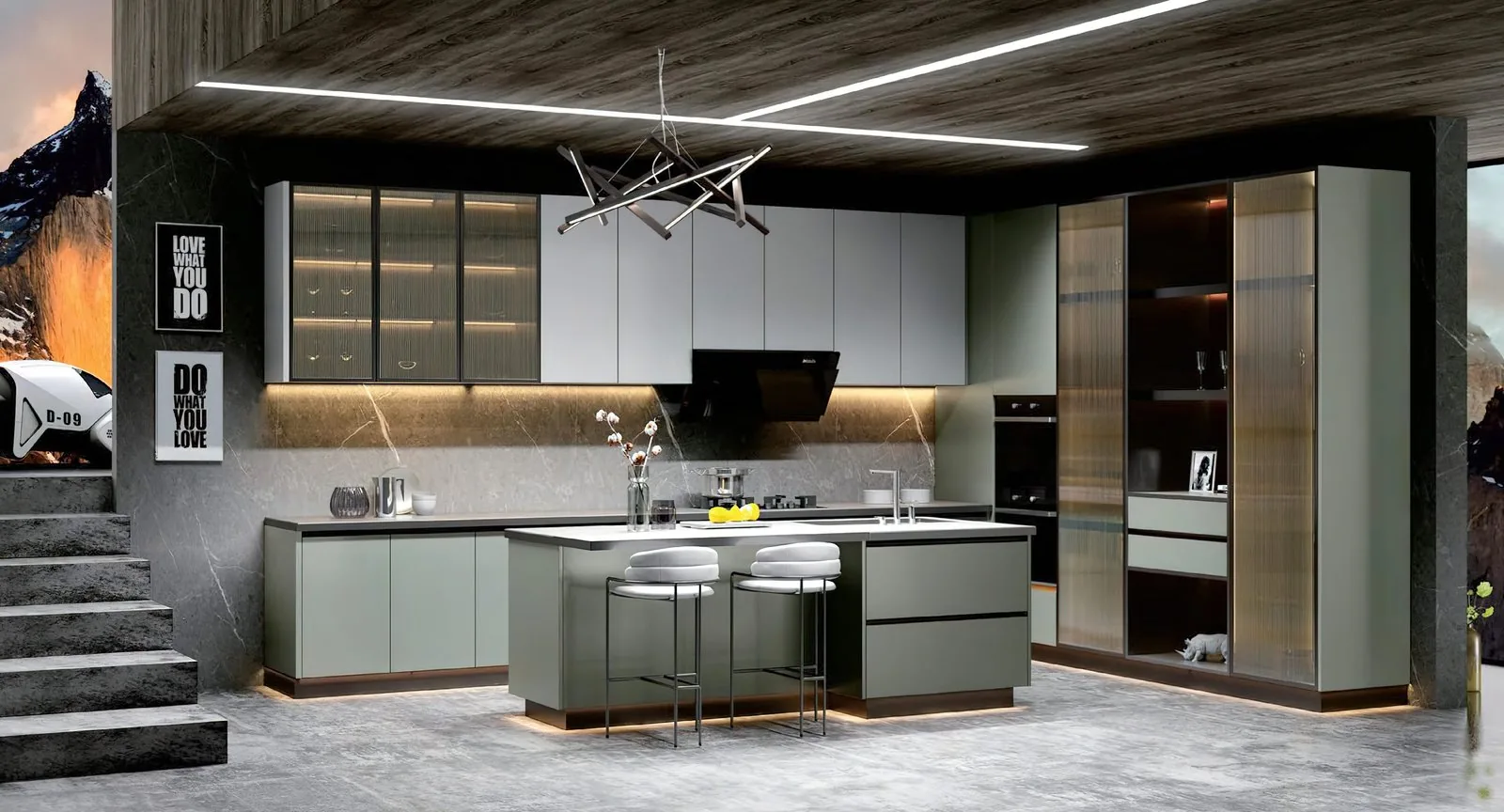 Dark kitchen with steel island and wine wall
