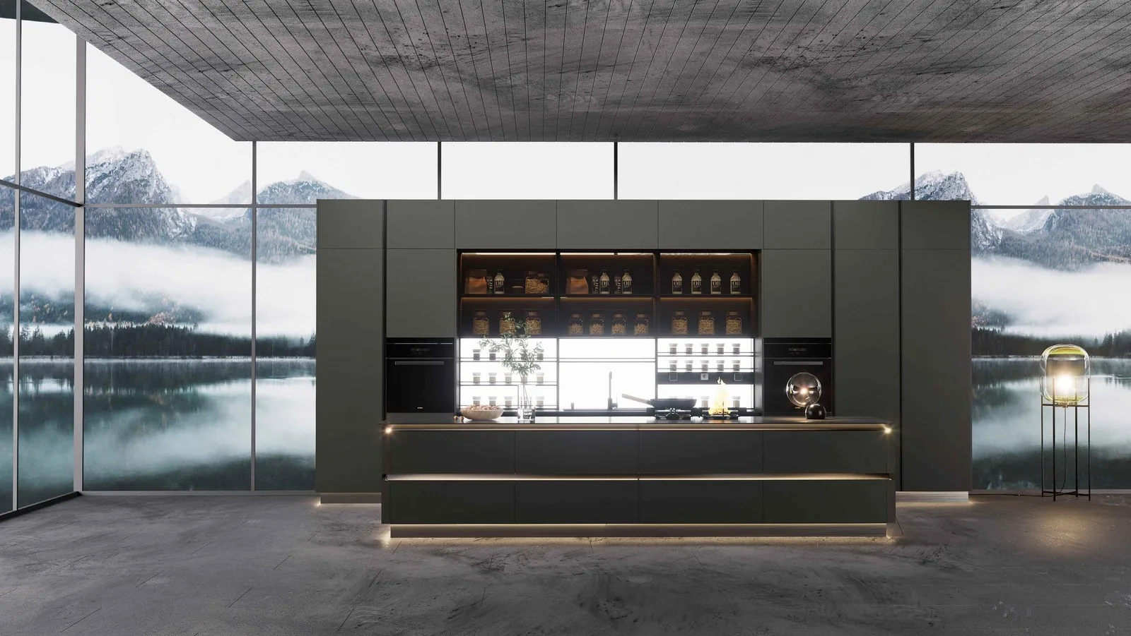 Dark steel-grey kitchen island floating before a floor-to-ceiling glass wall