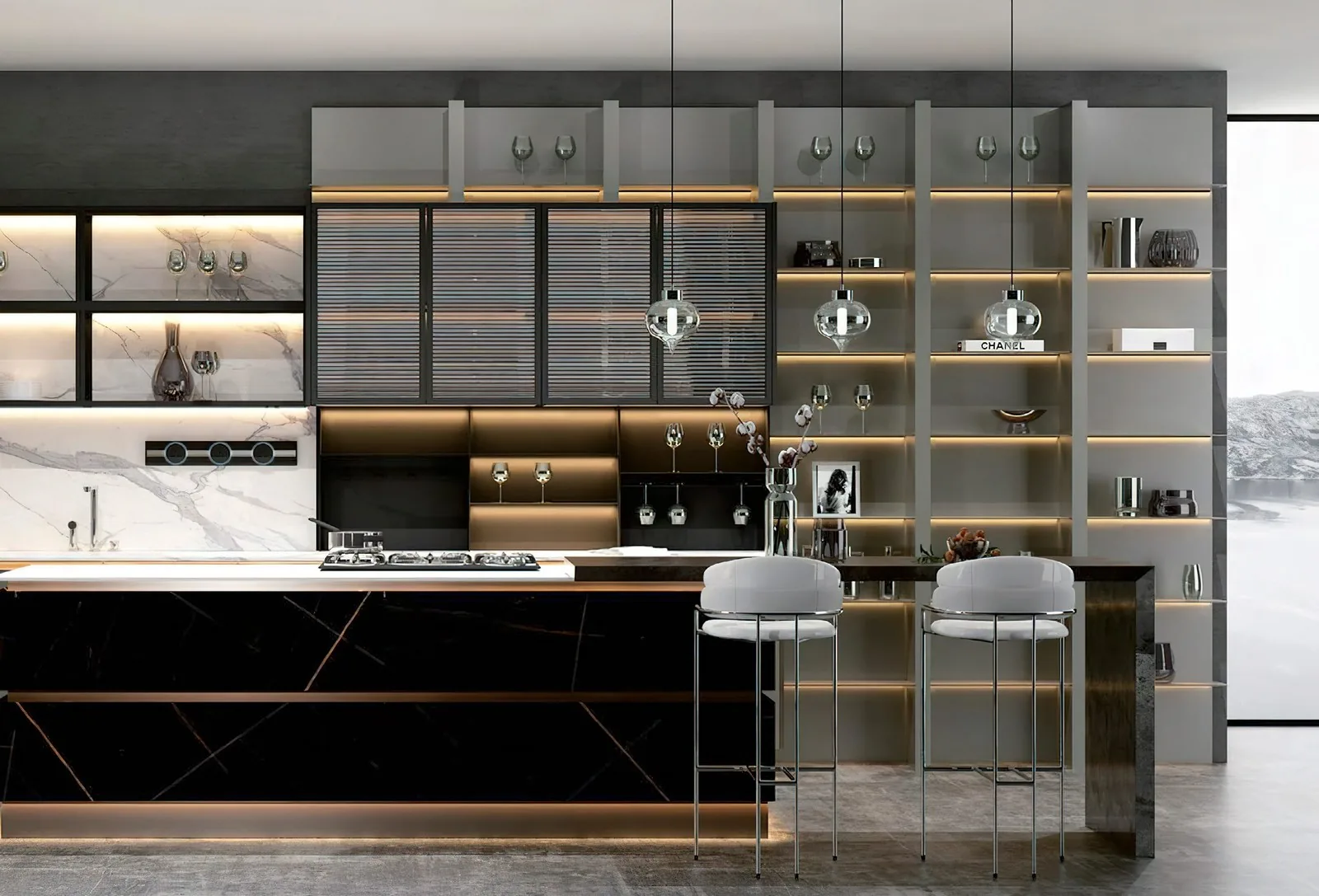 Full-height dark steel-grey cabinet run with glass-front niches
