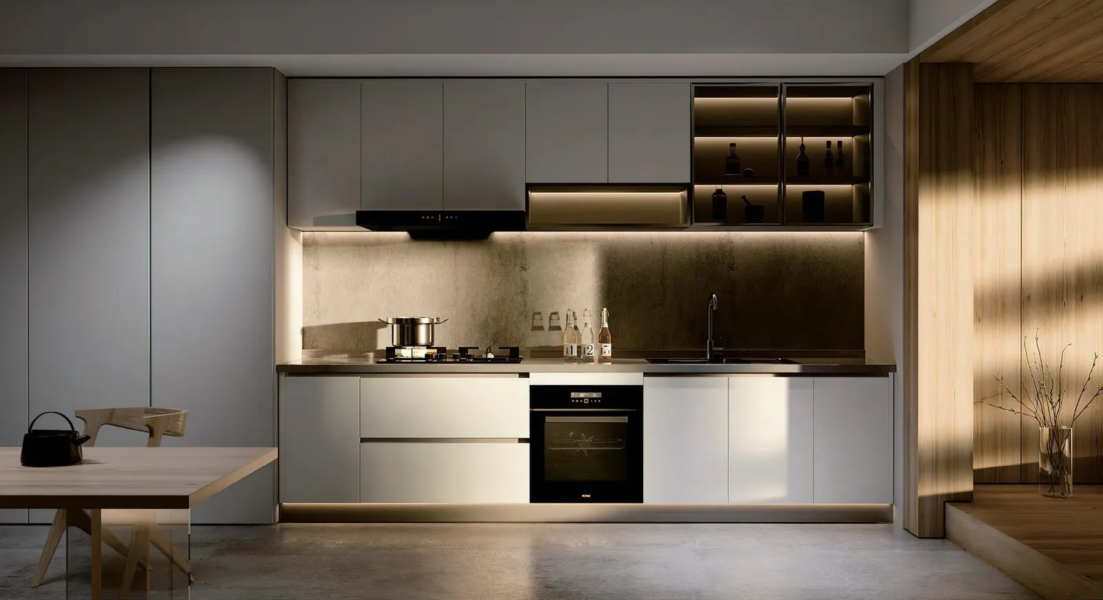Grey cabinet run paired with a warm oak wall and built-in oven