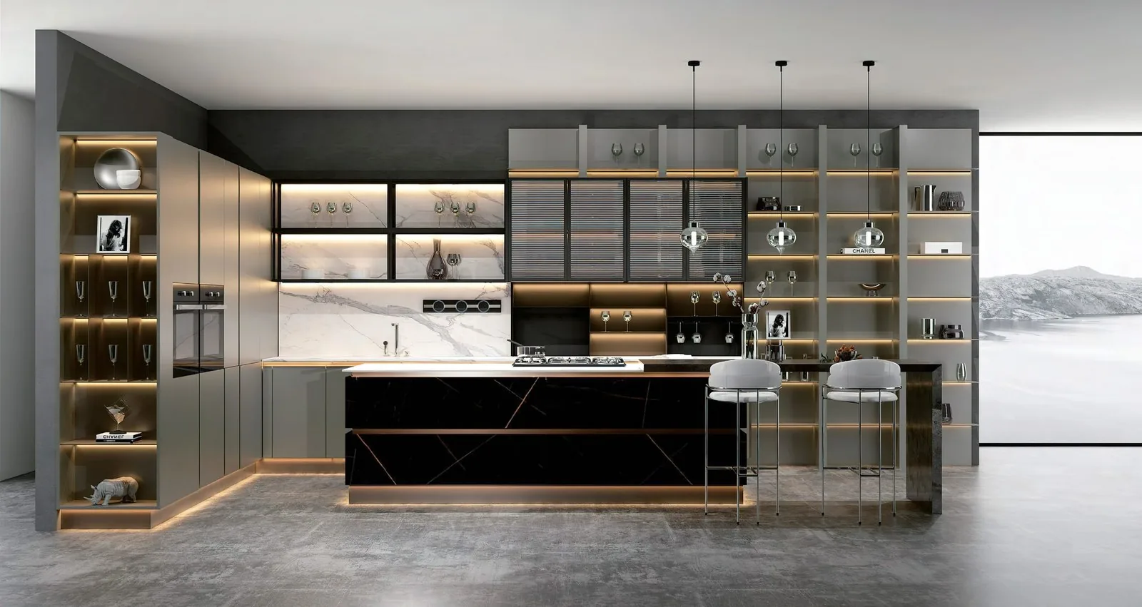 Steel-grey cabinet run with a dark stone waterfall island