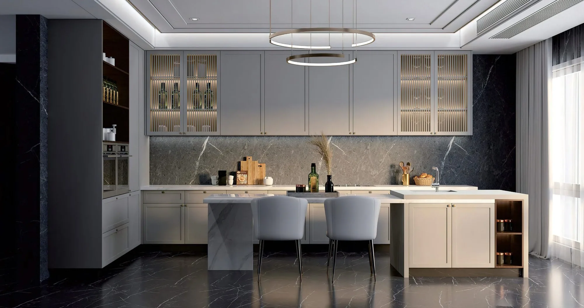 Grey kitchen with full-height glass-front uppers, island seating and a stone feature wall