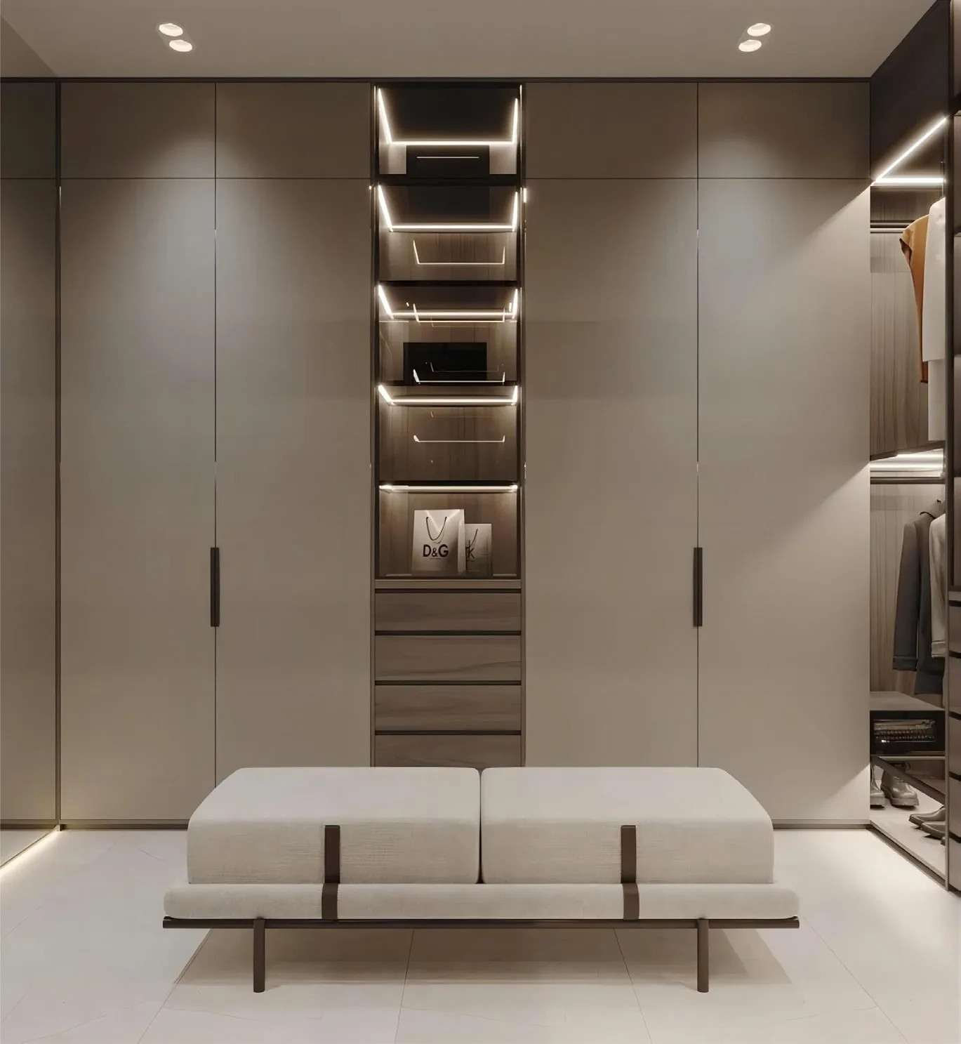Bright walk-in closet with island
