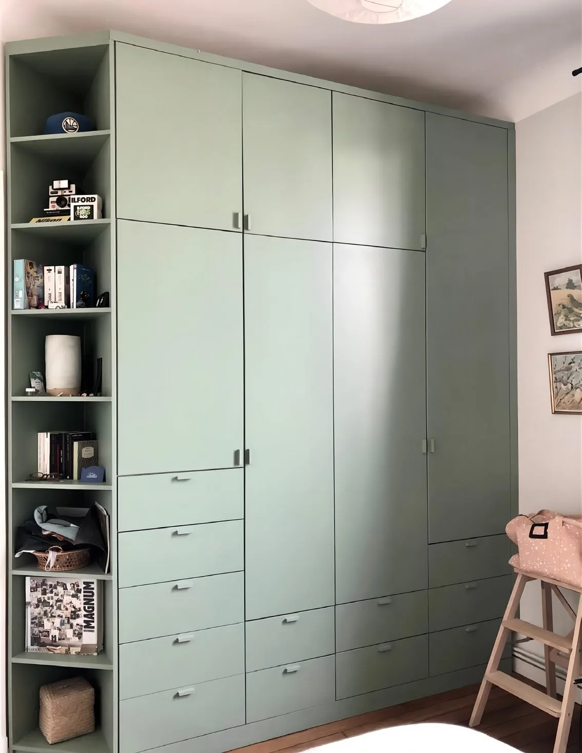 Bedroom with frosted-glass wardrobe wall