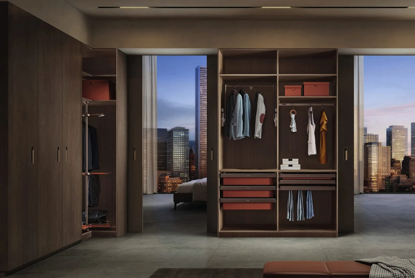 Dark walk-in closet with island and window